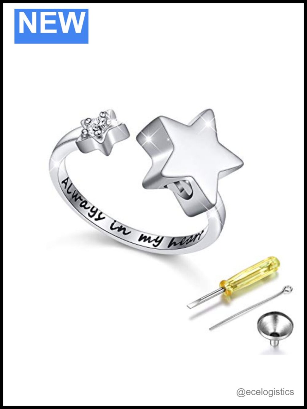 Sterling Silver Star Cremation Urn Ring Always In My Heart Memorial Ashes